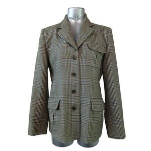 VTG 90s Talbots Glen Plaid Blazer 100% Lambswool Italian Fabric Brown Blue USA